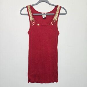Vintage Old Navy Y2K Fitted Long Tank Top Sz L Sequin Perfect Fit Cherry Red